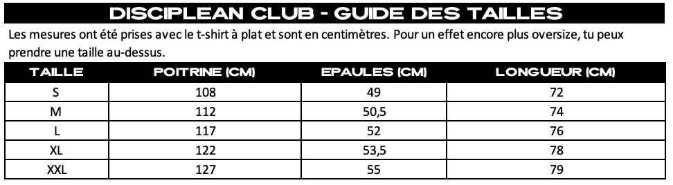 Disciplean Club Tee - Guide des Tailles