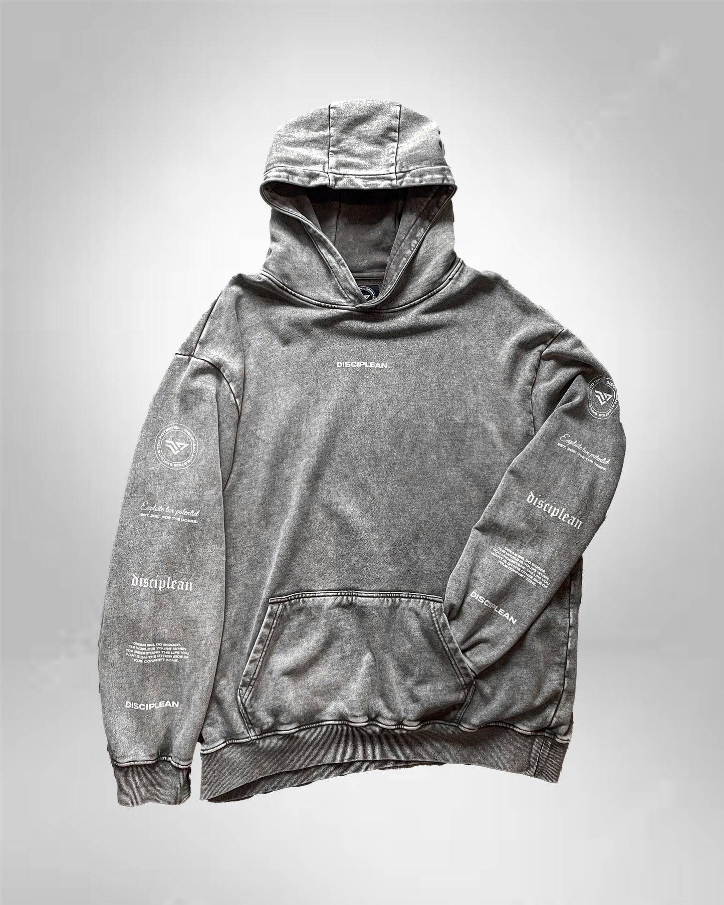 Vue de face d'un hoodie de musculation gris Disciplean