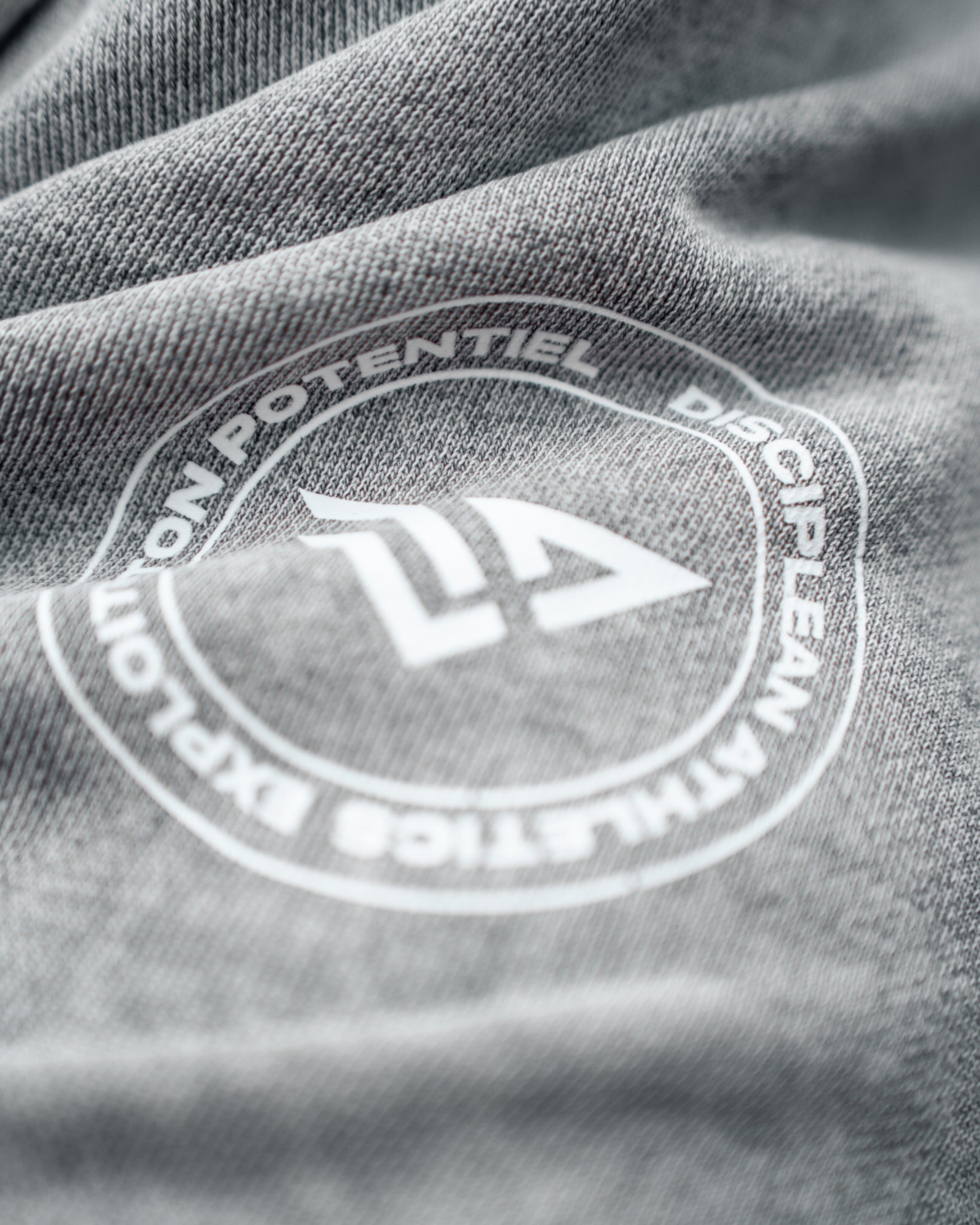 Vue rapprochée du devant d'un hoodie de musculation gris Disciplean